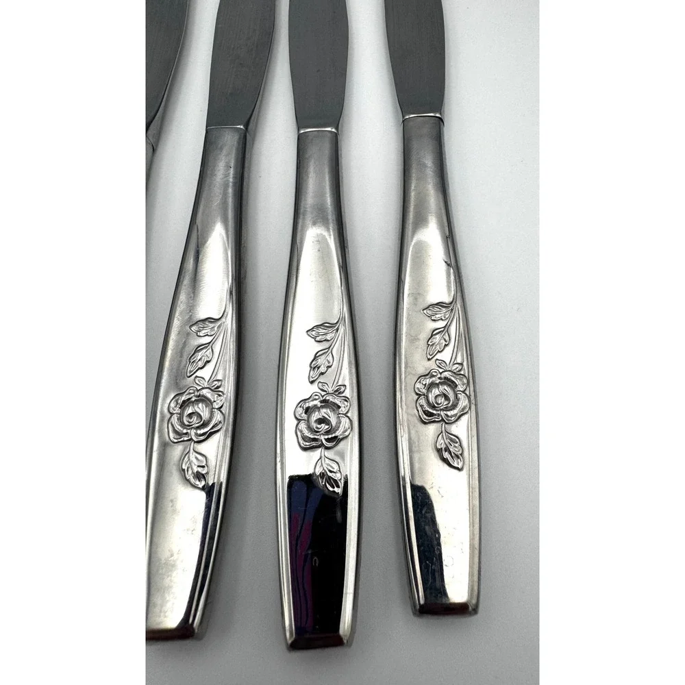 Lot of 6 Vintage Oneida Lasting Rose Stainless Steel Dinner Knives 8.5